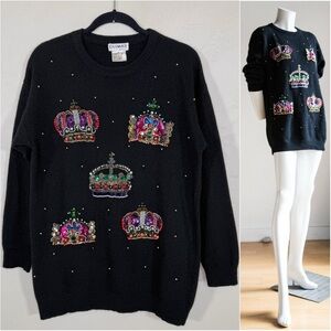 Vintage Climax by Sacha Wool Angora Blend Sequin Bead Crowns Embellished Sweater